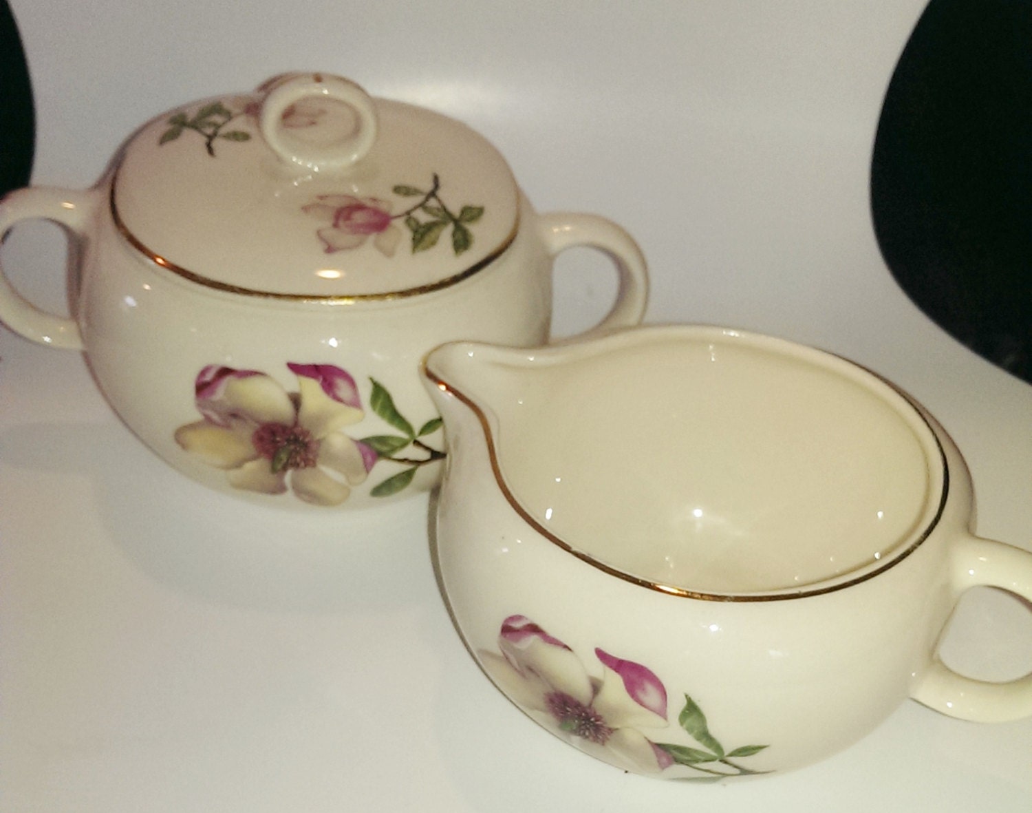 Vintage Mid Century Pink Flower Sugar Bowl And Creamer Set//Mid Century