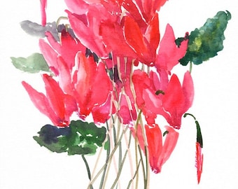 Red flowers Cyclamens, Original watercolor painting, brigh red floral wall art, 12 X 9 in bright pink floral art