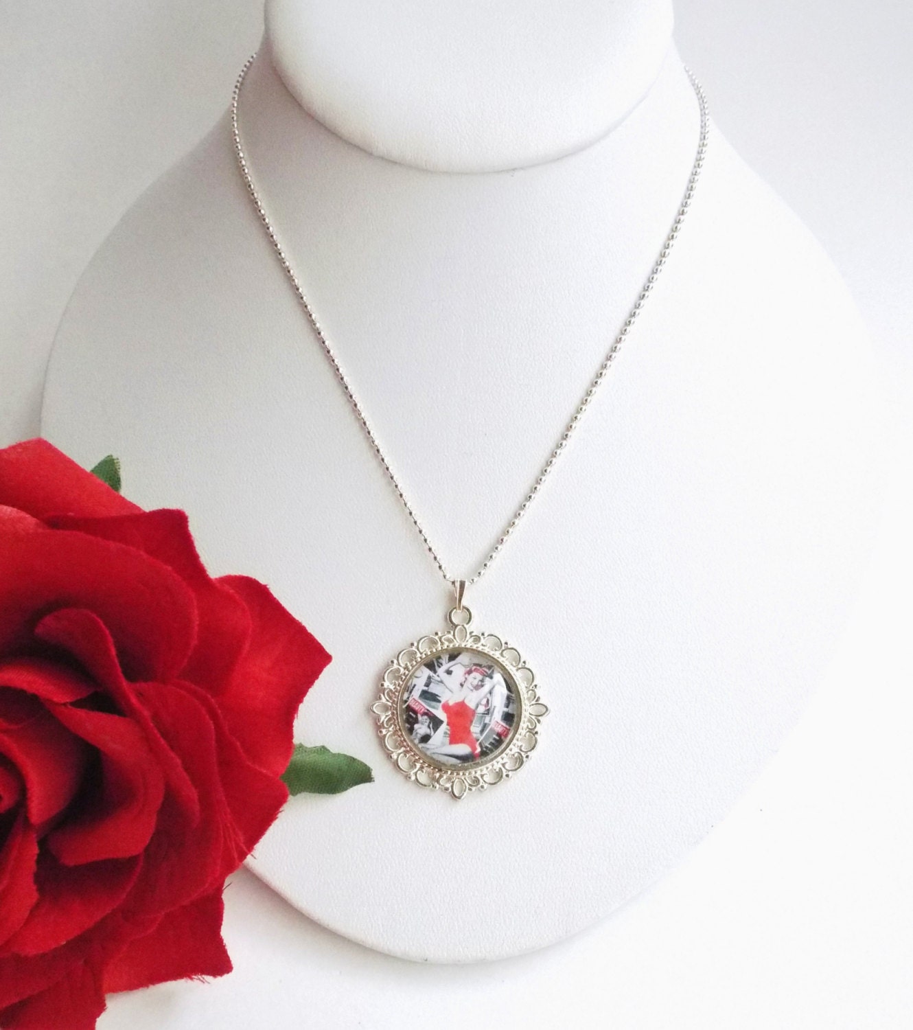 Pinup girl necklace Sexy Burlesque pendant Rockabilly jewelry