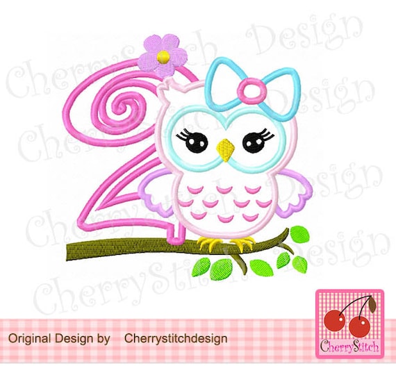 Birthday number 2-girly owl with bow 4x4 5x7 6x10-Machine
