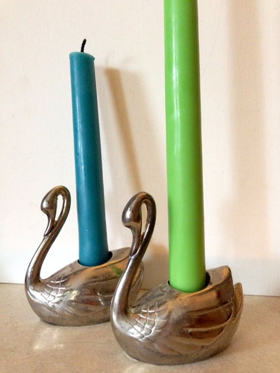 Silver Plated Swan Candle Holders Pair Set of 2 Bird Taper