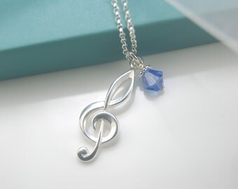 Music note necklace, Treble clef pendant, Music lover necklace, Music note, Treble clef and Swarovski birthstone bead