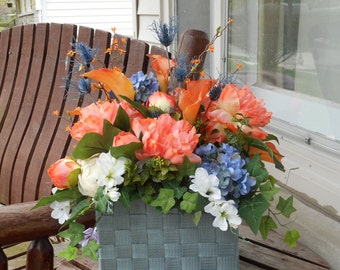 Coral and Antique Blue Silk Flower Table Arrangement or Altar Flowers / Wedding Centerpiece / Coral Table arrangement / Silk Wedding Flowers