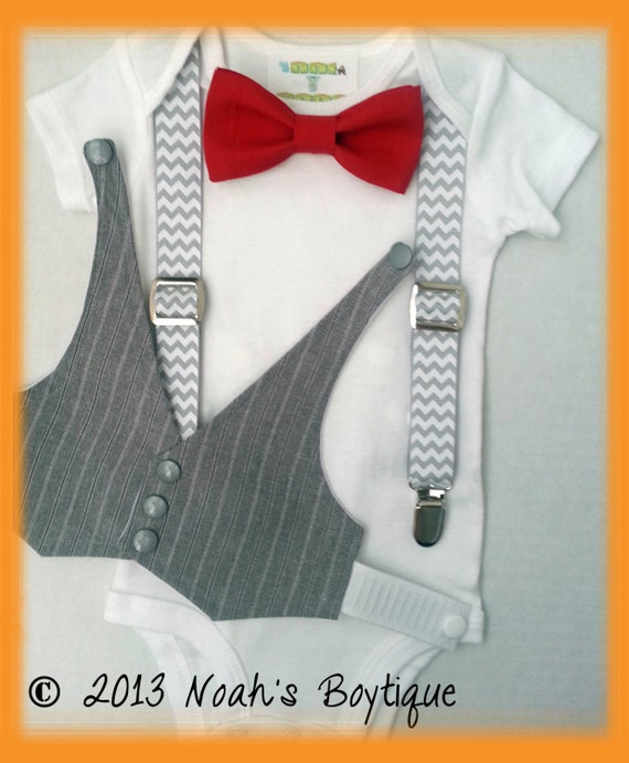 1st Birthday Outfit Boy - Boys First Birthday Outfit - Baby Boy Suspender Outfit - Grey Vest Red Bow Tie Chevron Suspenders by NoahsBoytiques