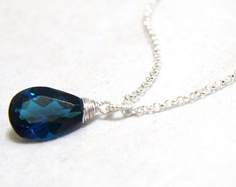 Teal London Blue Topaz Pendant in Solid Sterling Silver , December Birthstone , 4th Anniversary , Wire Wrapped , from Canada