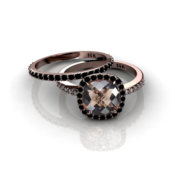 New 14K Rose Gold Ring with Smoky Quartz Black Diamonds Halo Champagne Diamonds Engagement Ring