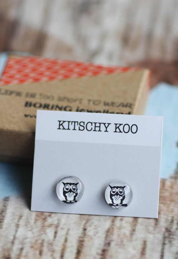FREE SHIPPING - Black Owl - Illustrated Owl Earrings - Studs Surgical Steel - Sensitive Ears - Glass Earrings - Owl Earrings - Owl Studs