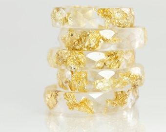 Resin Ring - Clear Eco Resin Faceted Ring with Gold Flakes