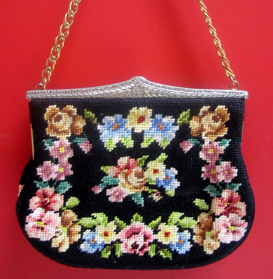Vintage Needlepoint purse black floral pattern marcasite