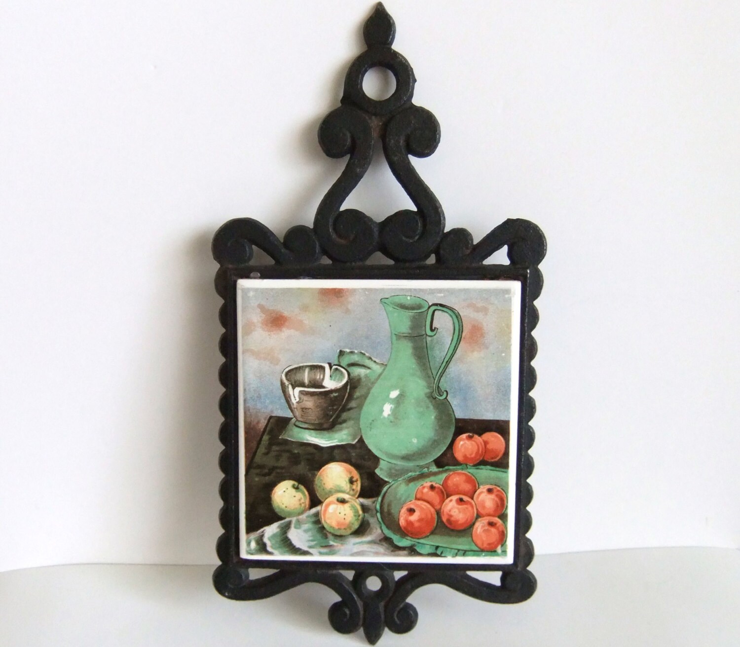 Vintage Tile Trivet Black Cast Iron Wall Hanging 60s