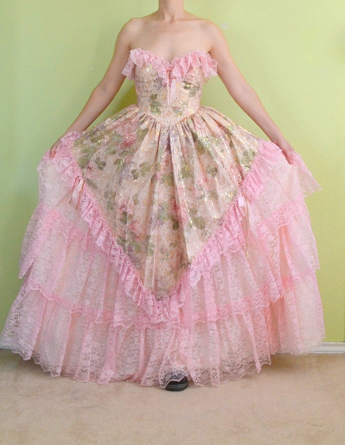 Vintage 80s prom dress Victorian pink lace steampunk tiered