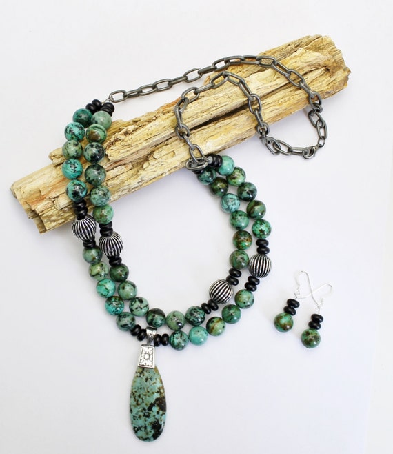 African Turquoise Necklace & Earrings, Turquoise Necklace