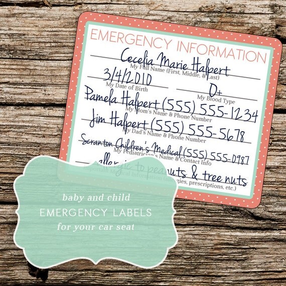 Printable Car Seat Emergency Labels for Baby Infant by TrewStudio