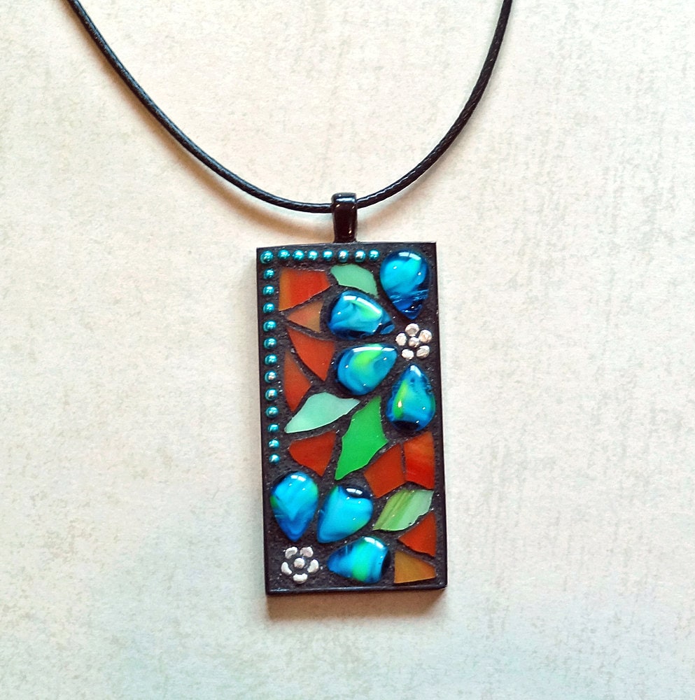 Stained glass mosaic pendant necklace with aqua blue flowers