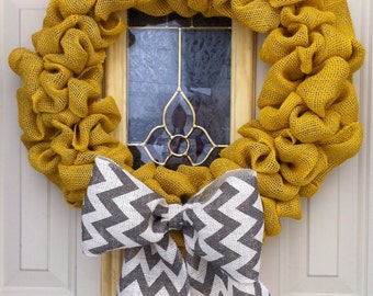 Mustard yellow burlap bubble wreath with chevron bow