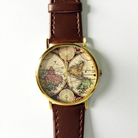 Carte de montre, montre en cuir de Style Vintage, montres femmes, Mens Watch, copain Watch, mappemonde, Brown,