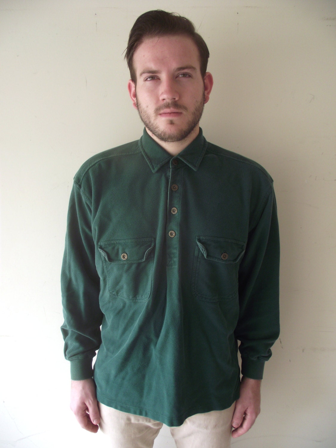 Mens Green Corduroy Style Long Sleeve Pull Over Collard Shirt