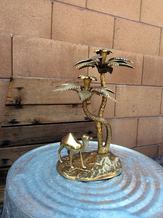 Vintage Brass 2 Candle Holder Camel Palm Trees. Figurine