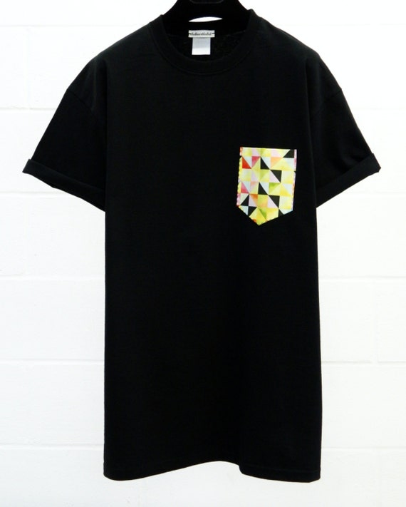 Men's Geometric Abstract Pattern Black Pocket T-Shirt