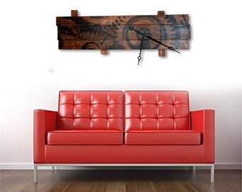 Extra Large Wall Clock with Clock Gears Art on Stained Distressed Wood Boards 48" x 28" Handmade.
