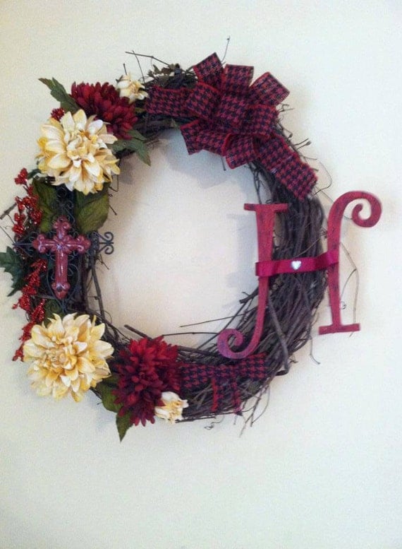 Monogram Wreath - Everyday Wreath - Grapevine Wreath - Wedding Decor - Door Wreath - Holiday Wreath - Cross Wreath - Red and White Wreath