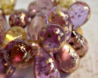 25 Venetian Mixed Drops Czech Glass Amethyst Yellow Gold CZ214,glass teardrop beads,venetian drop beads,purple glass drops,czech glass drops