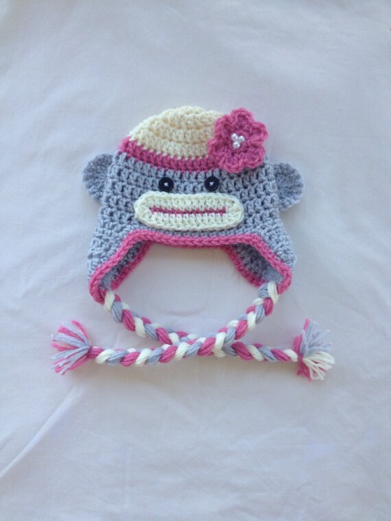 Items similar to Pink Sock Monkey Crocheted Hat, With Flower Girl