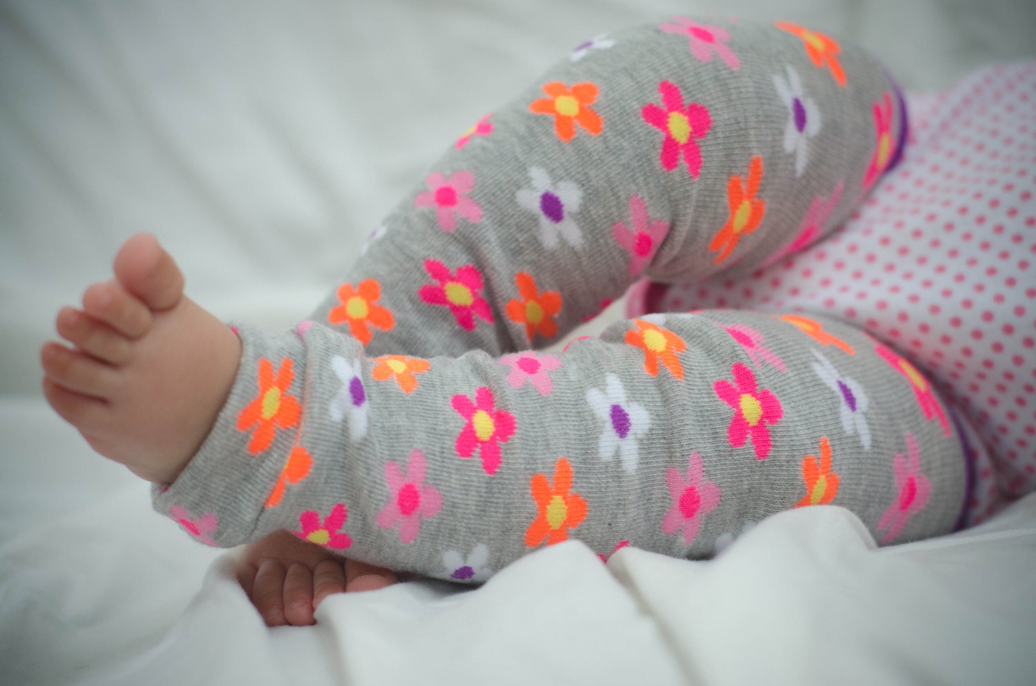 Gray Baby Leg Warmers with Purple Accent and Colorful Flowers