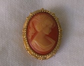 Sarah Conventry Cameo Brooch Pendant Combo Pin Ivory Coral Gold Carved Resin Plastic Portrait Tone 1970's Womens Fashion Jewelry
