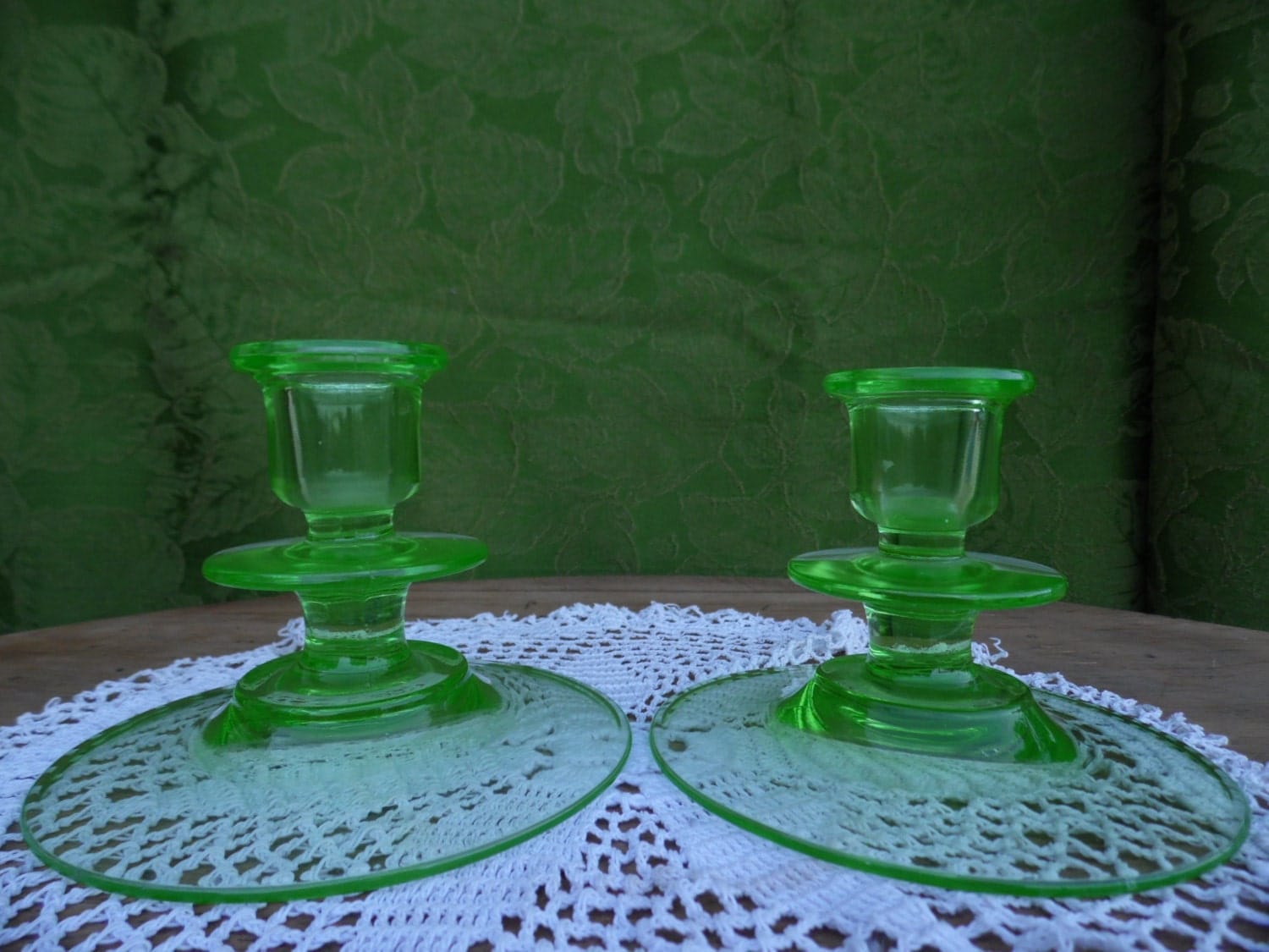 GREEN DEPRESSION Glass CANDLE Holder Set by locknessvintageshed