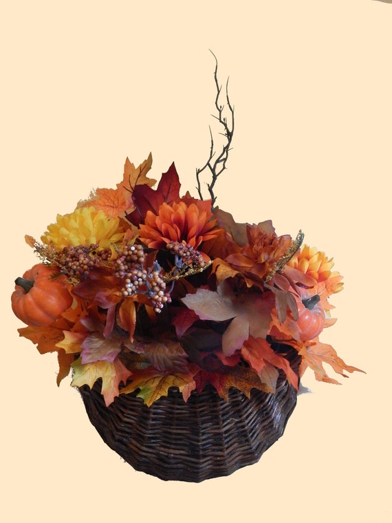 Wicker Hanging Basket Orange Mums Fall by NancieFloralDelights