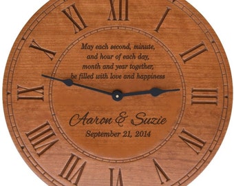 May Each Second ...Round Cherry Finish Wall Clock with Personalization for Wedding Gift, Anniversary Gift, or a New Home