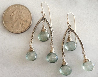 Mystic Green Quartz Faceted Genuine AAA Puffed Briolettes with Inverted-V 925 Sterling Silver Component Chandelier Earrings