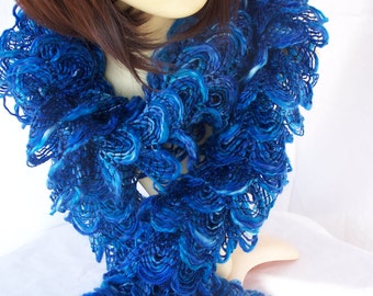 Hand Knitted Blue Frilly Scarf
