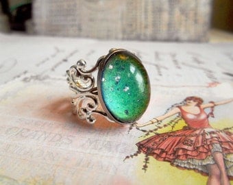 Mood Ring Silver Filigree Vintage Stone