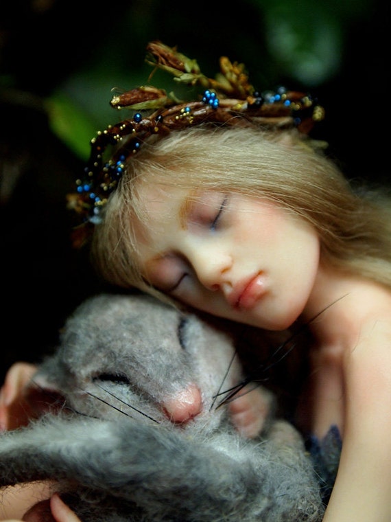 Fairy with mouse Hand-sculpted OOAK Art Doll Fairy Sculpture