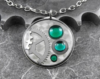 Steampunk Emerald Green Necklace - Clockwork Envy by COGnitive Creations