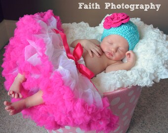 Crochet Baby Hat - Girls Hat - Toddler Hat - Winter Hat - Newborn Hat - Aqua Blue with Hot Pink Flower - in sizes Newborn to 3 Years
