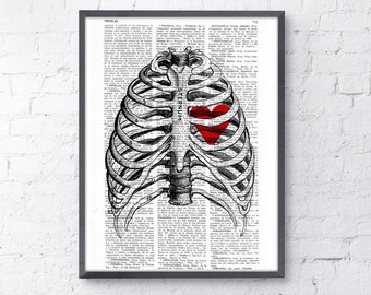 Upcycled Dictionary Page Print - Heart trapped in a Rib Cage- Anatomy art SKA019