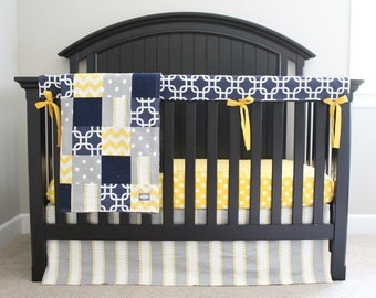 Yellow, Blue, Grey Crib Bedding Set, Baby Nursery Cribset, Geometric Modern Boy Bedding, Fitted Crib Sheet, Patchwork Blanket, Rail Guard