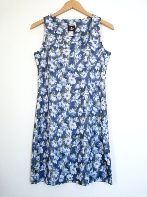 90s Blue & White DAISY Mini Dress Digital Print Sleeveless Shift Summer ...