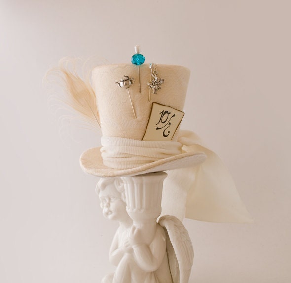 Mad Hatter, Wedding, Burlesque, Wedding, Steampunk, Victorian, Alice in Wonderland, Bachelorette, Cosplay, Ivory Wedding Mini Top Hat Ivory steampunk buy now online