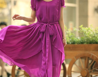 Items similar to Women's Bohemian Long Dress Short Sleeve Chiffon Maxi ...