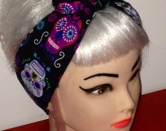 Sugar Skull Skulls Headband Pinup Vintage Retro Style 50s Rockabilly Head Wrap Scarf Bandana Day of the Dead