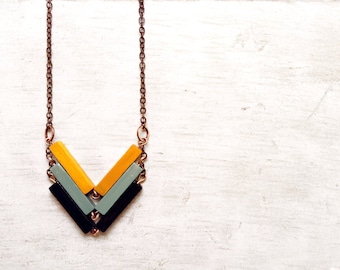 Wood Geometric Necklace // FASHIONISTA // Minimal Jewelry // Black-Yellow-Mint Hand-Painted Necklace // Modern Necklaces