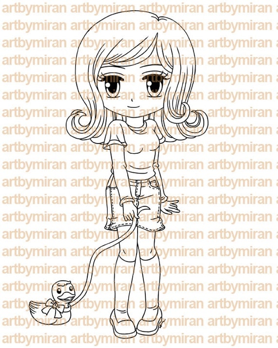 Digital Stamp - Darcy and her Duckie,  Digi Stamp, Coloring page, Printable Line art for Card and Craft Supply