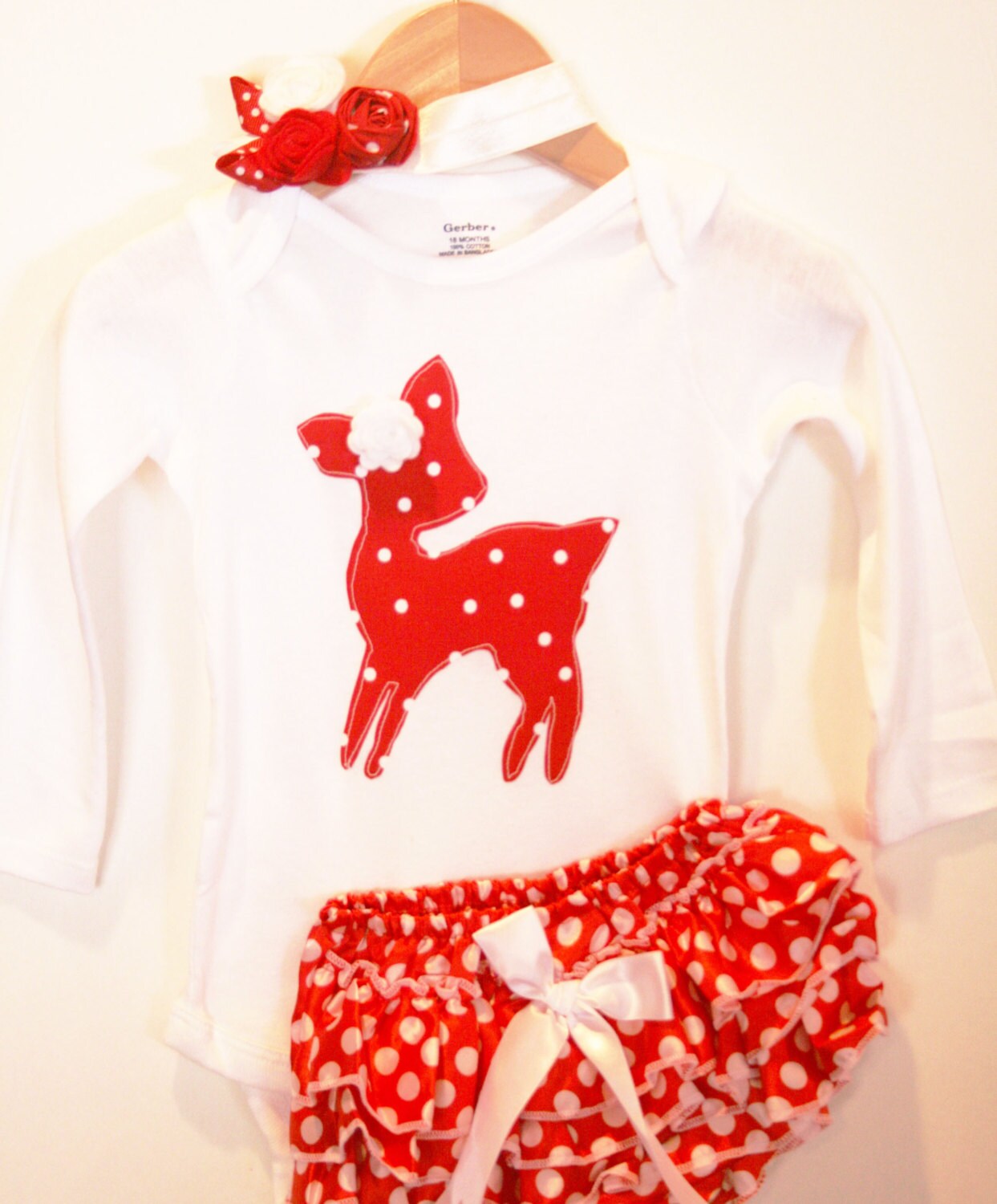 Baby Girl Christmas Outfit - Red with White Polka Dot Reindeer with Red and White Polka dot Bloomers and Red and White Roses Hair Bow!