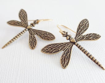 Antiqued Gold Dragonfly Earrings - 14K Gold Dragonfly Earrings, Dragonfly Jewelry, Insect Jewelry, 14K Gold Earrings, Big Earrings, Bohemian