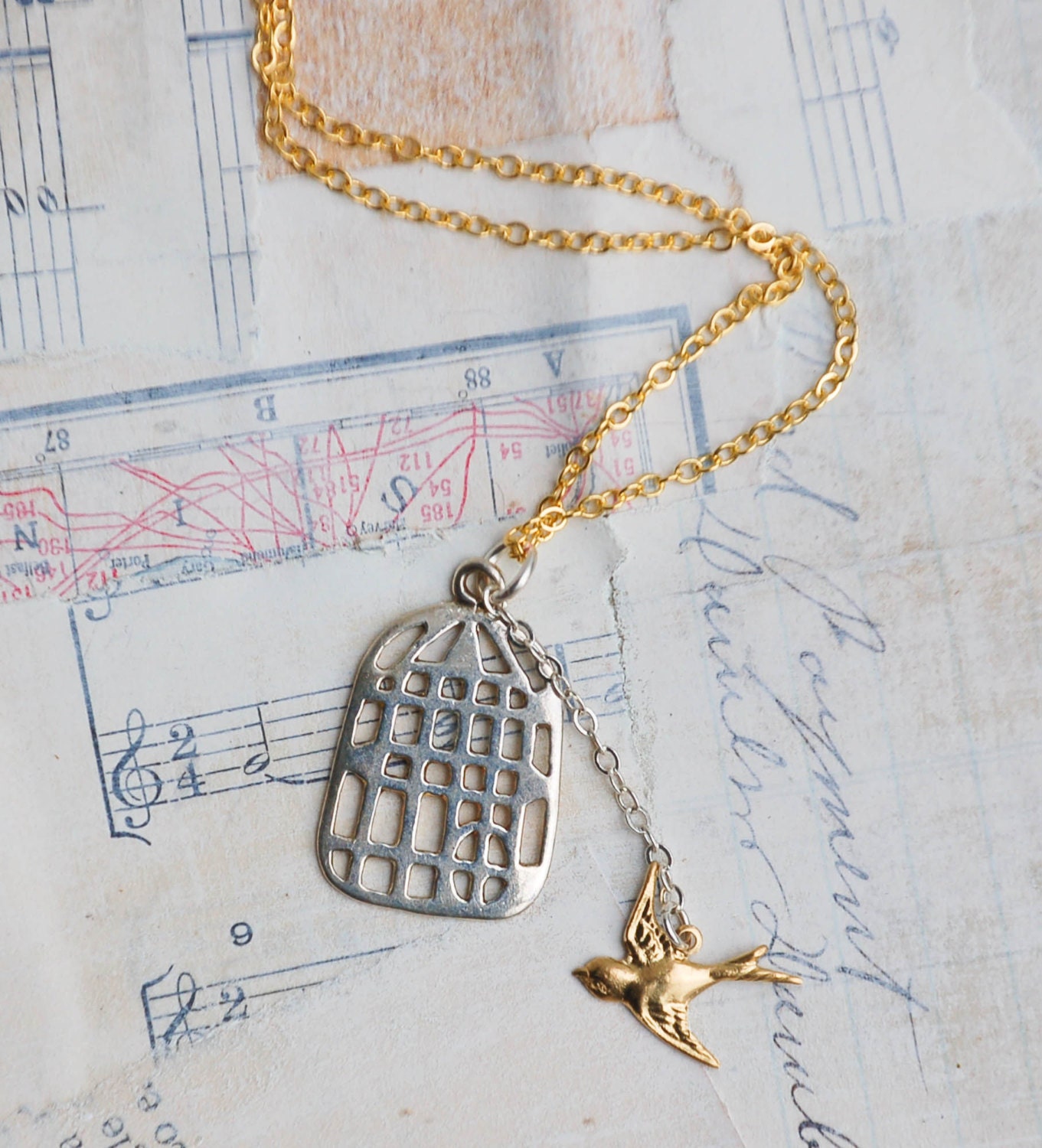 BIRDCAGE Necklace Gold Sparrow Silver Birdcage by redtruckdesigns