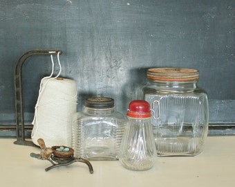 3 Vintage Glass Pantry Jars with Lids 1 with Nut Grinder